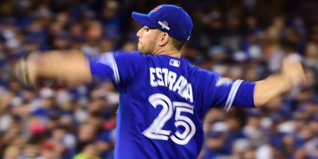 TORONTO, ON - OCTOBER 21: Marco Estrada #25 of the Toronto Blue Jays throws a pitch in the second inning against the Kansas City Royals during game five of the American League Championship Series at Rogers Centre on October 21, 2015 in Toronto, Canada. (Photo by Harry How/Getty Images)
