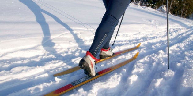 Female skier is casted a long shadow on snow on a sunny day