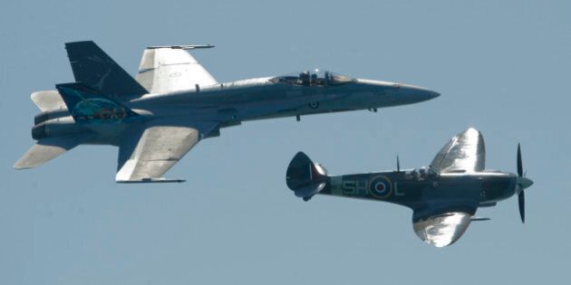 08/30/08 - TORONTO, ONTARIO - The 'Heritage flight' is a fly past with a CF-18 Hornet and a WWII Spitfire. The CNE Airshow kicked off this year's edition today with a 3 hour show along the waterfront. Toronto Star/Rick Madonik (Photo by Rick Madonik/Toronto Star via Getty Images)