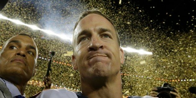 Denver Broncosâ Peyton Manning (18) celebrates after the NFL Super Bowl 50 football game against the Carolina Panthers Sunday, Feb. 7, 2016, in Santa Clara, Calif. The Broncos won 24-10. (AP Photo/David J. Phillip)