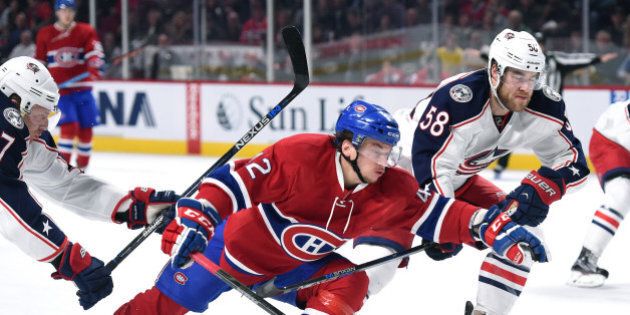 MONTREAL, QC - DECEMBER 1: Sven Andrighetto #42 of the Montreal Canadiens skates for position against David Savard #58 of the Columbus Blue Jackets in the NHL game at the Bell Centre on December 1, 2015 in Montreal, Quebec, Canada. (Photo by Francois Lacasse/NHLI via Getty Images)