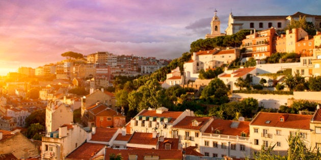 Portugal, Lisbon, Old Town, church and Miradouro de Graca at Sunset