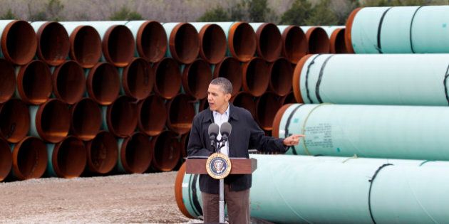 FILE - In this Thursday, March 22, 2012 file photo, President Barack Obama speaks at the TransCanada Pipe Yard in Cushing, Okla. The controversy over the pipeline in the hub of Oklahoma's oil activity, was voted the number nine story of the state for 2012. (AP Photo/LM Otero, File)