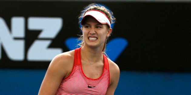 Eugenie Bouchard of Canada celebrates winning a point against Aleksandra Krunic of Serbia during their first round match at the Australian Open tennis championships in Melbourne, Australia, Monday, Jan. 18, 2016.(AP Photo/Shuji Kajiyama)