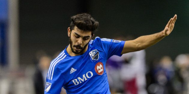 MONTREAL, QC - MARCH 28: Victor Cabrera #36 of the Montreal Impact prepares to play the ball during the MLS game against the Orlando City SC at the Olympic Stadium on March 28, 2015 in Montreal, Quebec, Canada. The game between Orlando City SC and the Montreal Impact ended in a 2-2 draw. (Photo by Minas Panagiotakis/Getty Images)