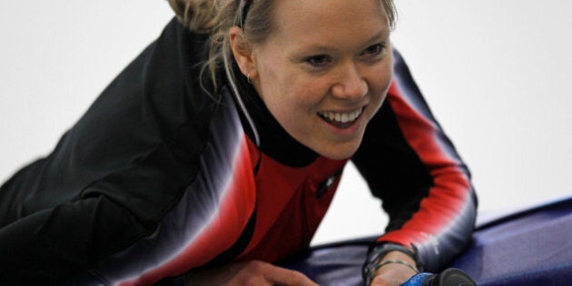 Canada's Cindy Klassen reacts after a training at the Richmond Olympic Oval at the Vancouver 2010 Olympics in Vancouver, British Columbia, Wednesday, Feb. 10, 2010. (AP Photo/Kevin Frayer)