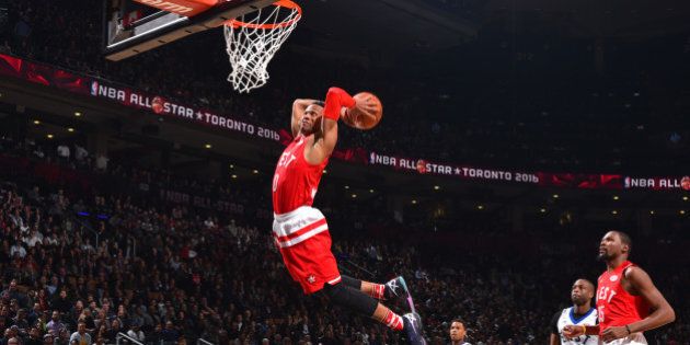 TORONTO, CANADA - FEBRUARY 14: Russell Westbrook #0 of the Western Conference All-Stars goes up for the dunk during the NBA All-Star Game as part of the 2016 NBA All Star Weekend on February 14, 2016 at the Air Canada Centre in Toronto, Ontario, Canada. NOTE TO USER: User expressly acknowledges and agrees that, by downloading and or using this Photograph, user is consenting to the terms and conditions of the Getty Images License Agreement. Mandatory Copyright Notice: Copyright 2016 NBAE (Photo by Jesse D. Garrabrant/NBAE via Getty Images)
