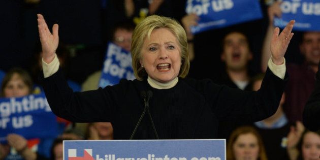 HOOKSETT, NH - FEBRUARY 09: Democratic presidential candidate, former Secretary of State Hillary Clinton speaks during her primary night gathering at Southern New Hampshire University on February 9, 2016 in Hooksett, New Hampshire. Democratic rival Sen. Bernie Sanders (D-VT) was projected the winner shortly after the polls closed. (Photo by Darren McCollester/Getty Images)