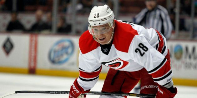 Carolina Hurricanes right wing Alexander Semin (28), of Russia waits for play to continue during the first period of an NHL hockey game against the Anaheim Ducks Sunday, March 2, 2014, in Anaheim, Calif. (AP Photo/Alex Gallardo)