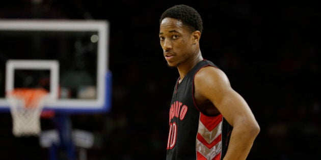 Toronto Raptors' DeMar DeRozan in action during an NBA basketball game against the Philadelphia 76ers, Monday, March 2, 2015, in Philadelphia. (AP Photo/Matt Slocum)