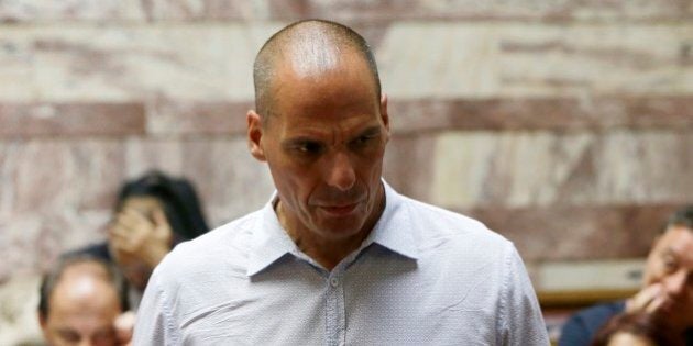 Parliament Member Yanis Varoufakis arrives for a meeting with lawmakers of Syriza governing party at the Greek Parliament in Athens, Wednesday, July 15, 2015. Greece's Prime Ministers Alexis Tsipras faced a rising wave of hostility from members of his own party Wednesday ahead of a parliament vote on an austerity bill that condemns the country to years of spending cuts but is required to get a new bailout package. (AP Photo/Petros Karadjias)