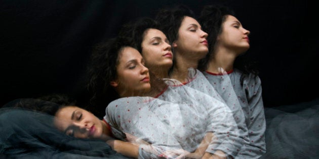 Multiple exposure of sleeping girl getting up