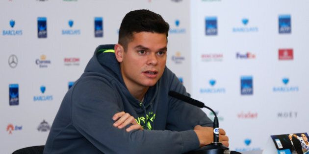 LONDON, ENGLAND - NOVEMBER 07: Milos Raonic of Canada talks to media during the Barclays ATP World Tour Finals tennis previews at the O2 Arena on November 7, 2014 in London, England. (Photo by Julian Finney/Getty Images)