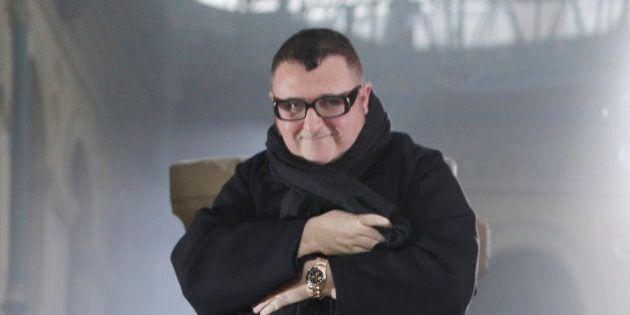 Creative director Israel's Alber Elbaz reacts after the presentation of Lanvin's fall-winter 2015/2016 men's collection, in Paris, France, Sunday, Jan. 25, 2015. (AP Photo/Thibault Camus)