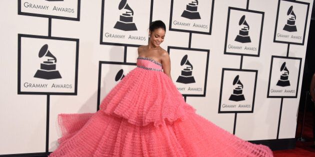 Rihanna arrives at the 57th annual Grammy Awards at the Staples Center on Sunday, Feb. 8, 2015, in Los Angeles. (Photo by Jordan Strauss/Invision/AP)