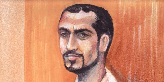 In this artists rendering, Omar Khadr appears in an Edmonton courtroom, Monday, Sept. 23, 2013. Khadr's lawyer is arguing that his client should be moved from a maximum security prison to a provincial jail. The Toronto-born Khadr was 15 when he was captured by American soldiers in Afghanistan. He last appeared in court in Guantanamo Bay, where he pleaded guilty to five war crimes in October 2010 before a U.S. military commission. He was given an eight-year sentence. (AP Photo/The Canadian Press, Amanda McRoberts)