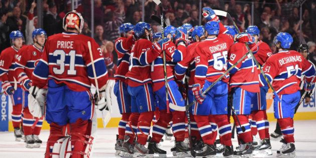 MONTREAL, QC - JANUARY 20: The Montreal Canadiens players celebrate the victory against the Nashville Predators in the NHL game at the Bell Centre on January 20, 2015 in Montreal, Quebec, Canada. (Photo by Francois Lacasse/NHLI via Getty Images)