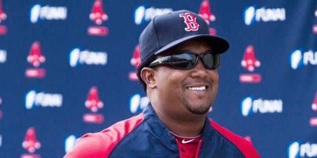 FORT MYERS, FL - FEBRUARY 23: Pedro Martinez arrives on the practice field at JetBlue Park. (Photo by Stan Grossfeld/The Boston Globe via Getty Images)