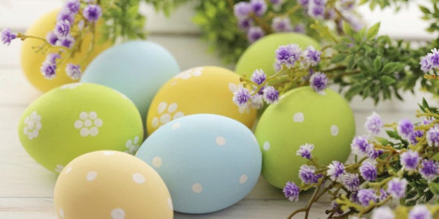 colorful easter eggs and branch with flowers