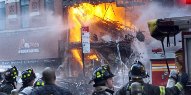 Building at 121 Second Avenue in East Village, near Seventh Street collapsed after it was rocked by a blast and a fierce fire that sent black smoke into the sky.(Photo By: Susan Watts/NY Daily News via Getty Images)