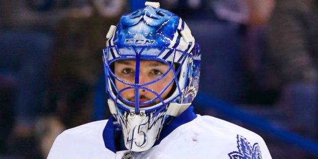 Toronto Maple Leafs goalie Jonathan Bernier is seen during the second period of an NHL hockey game against the St. Louis Blues, Saturday, Jan. 17, 2015, in St. Louis. The Blues won the game 3-0. (AP Photo/Billy Hurst)