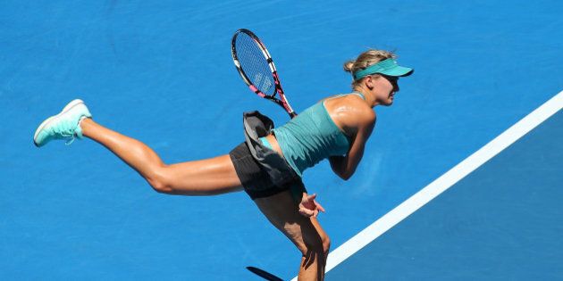 PERTH, AUSTRALIA - JANUARY 08: Eugenie Bouchard of Canada serves in her singles match against Flavia Pennetta of Italy during day five of the 2015 Hopman Cup at Perth Arena on January 8, 2015 in Perth, Australia. (Photo by Paul Kane/Getty Images)