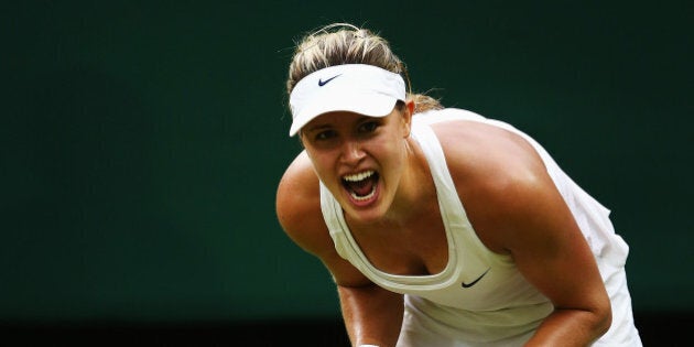 LONDON, ENGLAND - JUNE 30: Eugenie Bouchard of Canada celebrates after winning her Ladies' Singles fourth round match against Alize Cornet of France on day seven of the Wimbledon Lawn Tennis Championships at the All England Lawn Tennis and Croquet Club on June 30, 2014 in London, England. (Photo by Clive Brunskill/Getty Images)