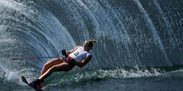 Canada's Whitney McClintock skis during the slalom portion of the women's overall water ski competition in the Pan Am Games in Toronto Wednesday, July 22, 2015. (AP Photo/Gregory Bull)
