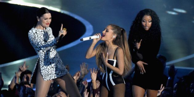 INGLEWOOD, CA - AUGUST 24: (L-R) Recording artists Jessie J, Ariana Grande, and Nicki Minaj perform onstage during the 2014 MTV Video Music Awards at The Forum on August 24, 2014 in Inglewood, California. (Photo by Michael Buckner/Getty Images)