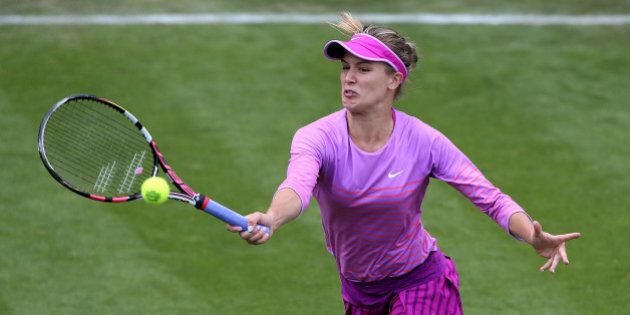 BIRMINGHAM, ENGLAND - JUNE 15: Eugenie Bouchard of Canada in action during a doubles match against Michaella Krajicek of Nederland and Barbora Strycova of Czech Republic on day one of the Aegon Classic at Edgbaston Priory Club on June 15, 2015 in Birmingham, England. (Photo by Jan Kruger/Getty Images for LTA)