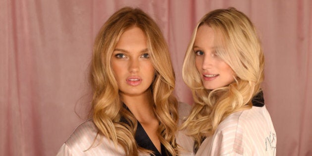 LONDON, ENGLAND - DECEMBER 02: Romee Strijd and Maud Welzen are seen backstage prior the 2014 Victoria's Secret Fashion Show on December 2, 2014 in London, England. (Photo by Dimitrios Kambouris/Getty Images for Victoria's Secret)