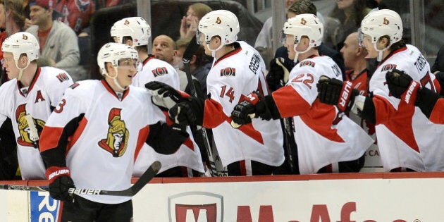 Ottawa Senators left wing Jakob Silfverberg (33) celebrates with teammates on the bench following his goal against the Washington Capitals in the second period at the Verizon Center in Washington, D.C., Thursday, April 25, 2013. The Senators defeated the Capitals in overtime, 2-1. (Chuck Myers/MCT via Getty Images)