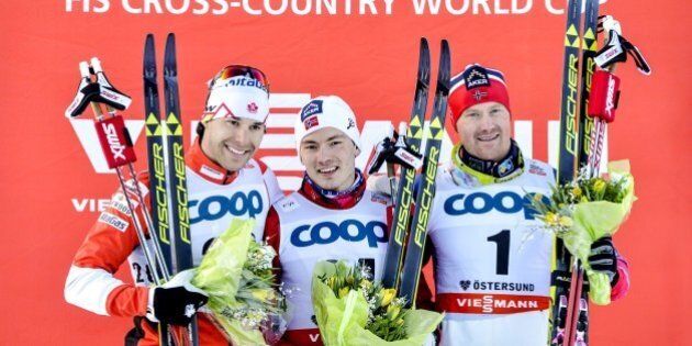 (L-R) 2nd placed Alex Harvey of Canada, 1st placed Finn Haagen Krogh of Norway and 3rd placed Timo Andre Bakken of Norway celebrate on the podium after competing in the men's sprint final at the Cross-country Skiing World Cup in Ostersund, Sweden, on February 14, 2015. AFP PHOTO / TT NEWS AGENCY / HENRIK MONTGOMERY +++SWEDEN OUT+++ (Photo credit should read HENRIK MONTGOMERY/AFP/Getty Images)