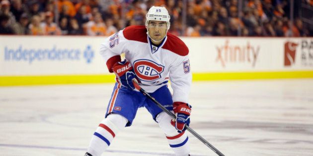 Montreal Canadiens' Francis Bouillon in action during an NHL hockey game against the Philadelphia Flyers, Wednesday, Jan. 8, 2014, in Philadelphia. (AP Photo/Matt Slocum)