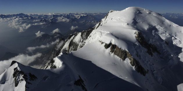 An aerial picture taken on July 16, 2010, shows the Mont-Blanc, in the French Alps. The new height of Mont Blanc, which lies on the three-way border between France, Italy and Switzerland, is now 4,810.45 metres (15,782.3 feet), just over half that of Nepal's Everest but still the tallest Alpine peak, having lost 45 cm within the last two years. This new altitude, a reference for scientists, will be published in the new geography school books. AFP PHOTO/PHILIPPE DESMAZES (Photo credit should read PHILIPPE DESMAZES/AFP/Getty Images)