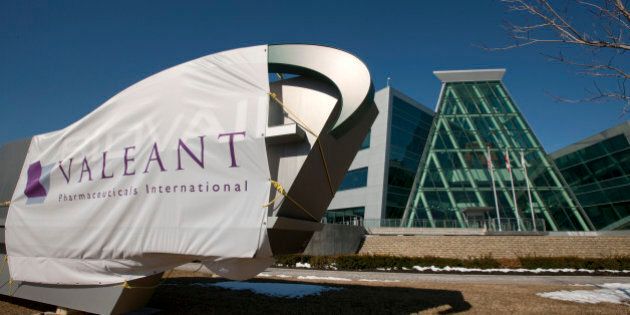 Valeant Pharmaceuticals International Inc. signage is displayed outside of the company's headquarters in Mississauga, Ontario, Canada, on Wednesday, March 30, 2011. Cephalon Inc. surged 28 percent to $75.20 in Nasdaq trading, higher than a hostile takeover bid from Valeant, Canada's largest drugmaker. Valeant Pharmaceuticals International Inc. made its cash offer of about $5.7 billion, or $73 a share, public last night after its private approaches were rejected, the company said. Photographer: Norm Betts/Bloomberg via Getty Images