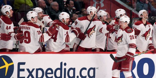 MONTREAL, QC - FEBRUARY 1: Lauri Korpikoski #28 of the Phoenix Coyotes celebrates with the bench after scoring a goal against the Montreal Canadiens in the NHL game at the Bell Centre on February 1, 2015 in Montreal, Quebec, Canada. (Photo by Francois Lacasse/NHLI via Getty Images)
