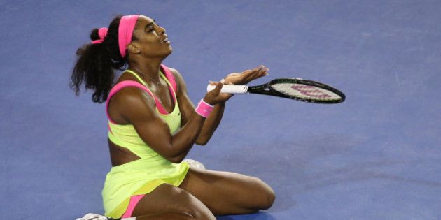 MELBOURNE, AUSTRALIA - JANUARY 31: Serena Williams of the United States reacts to a point in her women's final match against Maria Sharapova of Russia during day 13 of the 2015 Australian Open at Melbourne Park on January 31, 2015 in Melbourne, Australia. (Photo by Patrick Scala/Getty Images)