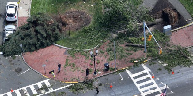 REVERE, MA - JULY 28: Storm damage in Revere by city hall, downed trees line Broadway. (Photo by David L. Ryan/The Boston Globe via Getty Images)