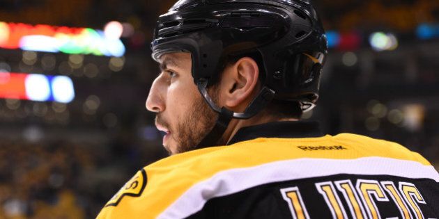 BOSTON, MA - MAY 14: Milan Lucic #17 of the Boston Bruins during warm ups against the Montreal Canadiens in Game Seven of the Second Round of the 2014 Stanley Cup Playoffs at TD Garden on May 14, 2014 in Boston, Massachusetts. (Photo by Brian Babineau/NHLI via Getty Images)