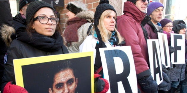 Ensaf Haidar, left, wife of blogger Raif Badawi, takes part in a rally for his freedom, Tuesday, January 13, 2015 in Montreal. Badawi was sentenced last year to 10 years in prison, 1,000 lashes and a fine of one million Saudi Arabian riyals (about $315,000 Cdn) for offences including creating an online forum for public debate and insulting Islam.THE CANADIAN PRESS/Ryan Remiorz