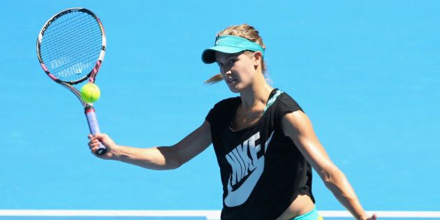 MELBOURNE, AUSTRALIA - JANUARY 12: Eugenie Bouchard of Canada plays a forehand volley during a practice session ahead of the 2015 Australian Open at Melbourne Park on January 12, 2015 in Melbourne, Australia. (Photo by Quinn Rooney/Getty Images)