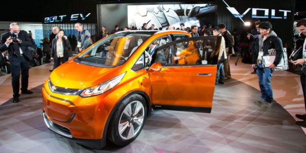 DETROIT, MI - JANUARY 12: General Motors reveals the new Chevrolet Bolt concept to the media at the 2015 North American International Auto Show at Cobo Center on January 12, 2015 in Detroit, Michigan. (Photo by Scott Legato/WireImage)