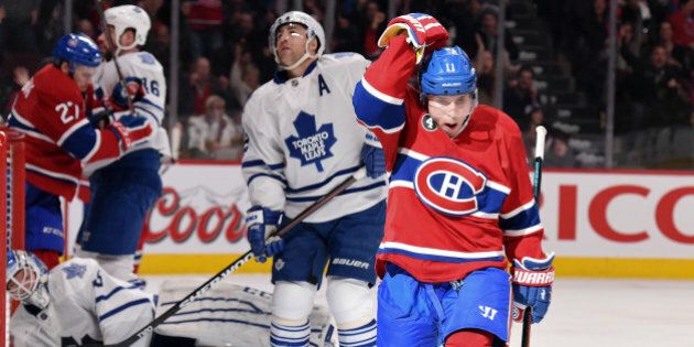 MONTREAL, QC - FEBRUARY 14: Brendan Gallagher #11 of the Montreal Canadiens celebrates after scoring a goal against Jonathan Bernier #45 of the Toronto Maple Leafs in the NHL game at the Bell Centre on February 14, 2015 in Montreal, Quebec, Canada. (Photo by Francois Lacasse/NHLI via Getty Images)