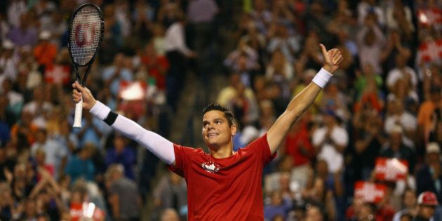 TORONTO, ON - AUGUST 06: Milos Raonic of Canada celebrates his win against Jack Sock of United States during Rogers Cup at Rexall Centre at York University on August 6, 2014 in Toronto, Canada. (Photo by Ronald Martinez/Getty Images)