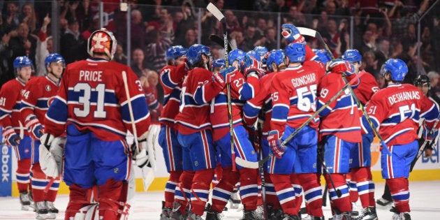 MONTREAL, QC - JANUARY 20: The Montreal Canadiens players celebrate the victory against the Nashville Predators in the NHL game at the Bell Centre on January 20, 2015 in Montreal, Quebec, Canada. (Photo by Francois Lacasse/NHLI via Getty Images)