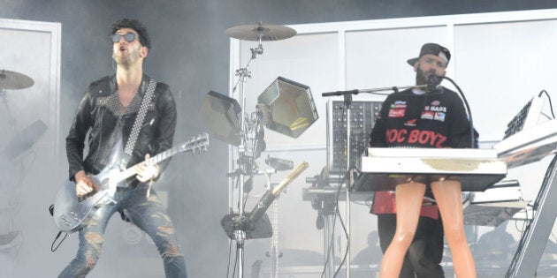 SAN FRANCISCO, CA - AUGUST 08: Dave 1 aka David Macklovitch and P-Thugg aka Patrick Gemayel of Chromeo perform during the 7th Annual Outside Lands Music & Arts Festival at Golden Gate Park on August 8, 2014 in San Francisco, California. (Photo by C Flanigan/WireImage)