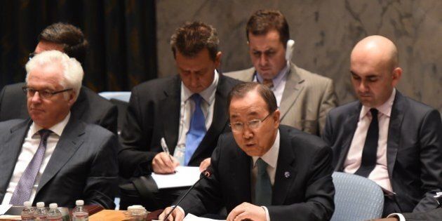 The United Nations Secretary General Ban Ki-moon addresses the United Nations Security Council during a meeting to discuss the situation in the Middle East July 10, 2014 at the United Nations in New York. AFP PHOTO/Don Emmert (Photo credit should read DON EMMERT/AFP/Getty Images)