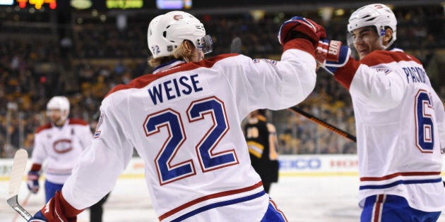 BOSTON, MA - FEBRUARY 8 : Dale Weise #22 and Max Pacioretty #67 of the Montreal Canadiens celebrate a goal against the Boston Bruins at the TD Garden on February 8, 2015 in Boston, Massachusetts. (Photo by Brian Babineau/NHLI via Getty Images)