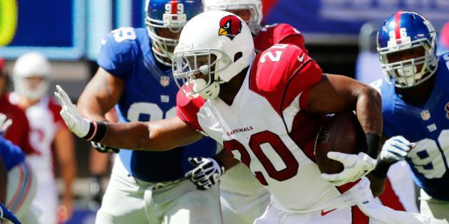EAST RUTHERFORD, NJ - SEPTEMBER 14: (NEW YORK DAILIES OUT) Jonathan Dwyer #20 of the Arizona Cardinals in action against the New York Giants on September 14, 2014 at MetLife Stadium in East Rutherford, New Jersey. The Cardinals defeated the Giants 25-14. (Photo by Jim McIsaac/Getty Images)